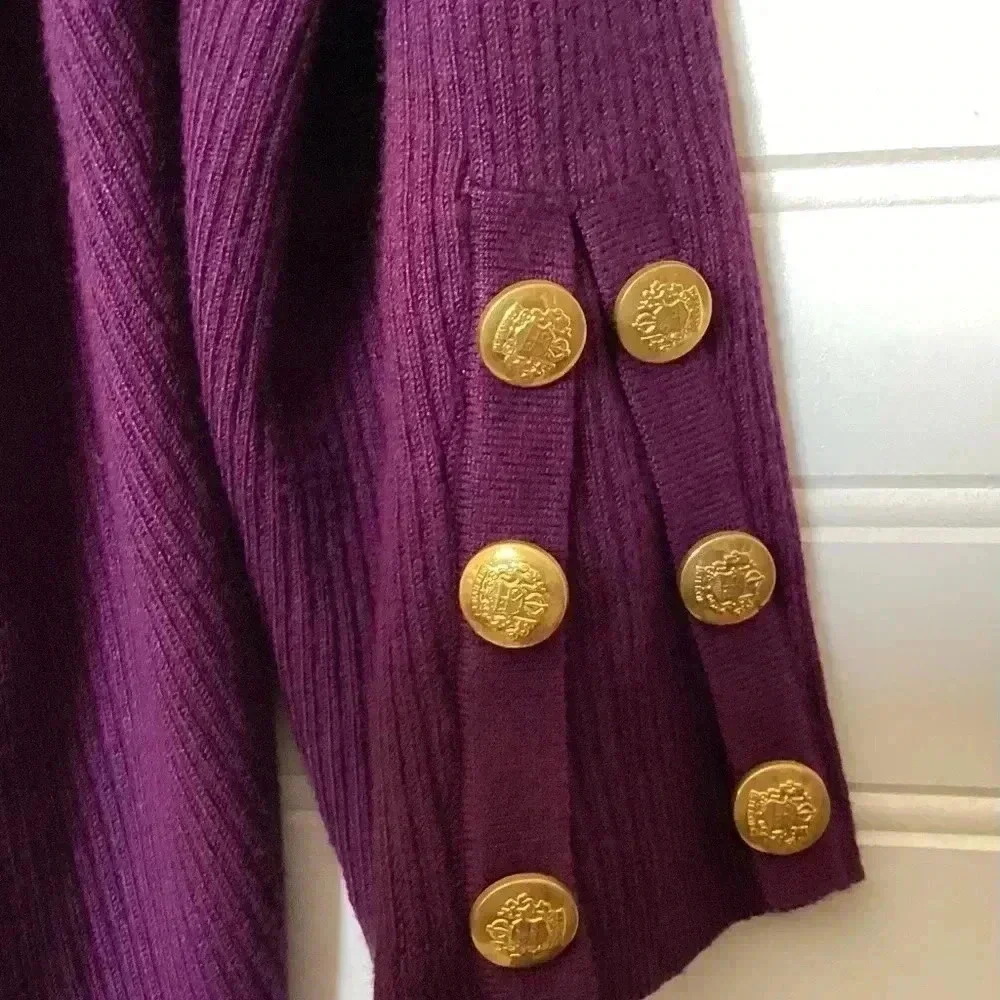 Roz&Ali Womens 3X Plum Purple Open Lon Sleeve Cardigan Ribbed knit Golden Button